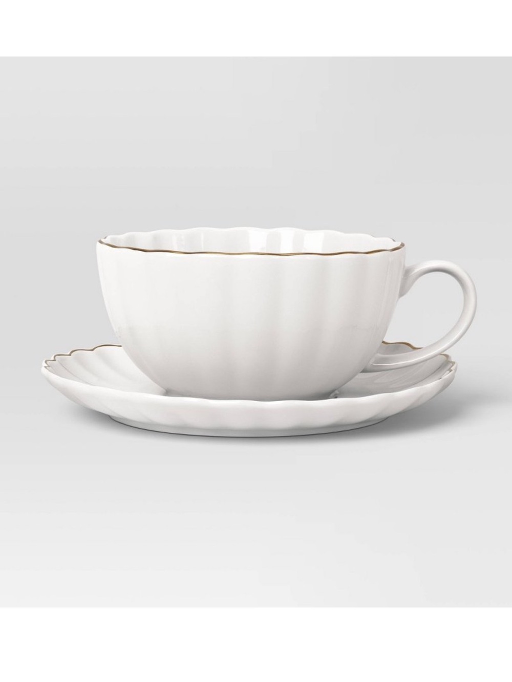 NWT Threshold White Scalloped Teacup and Saucer with Gold Rim (Set of 2)